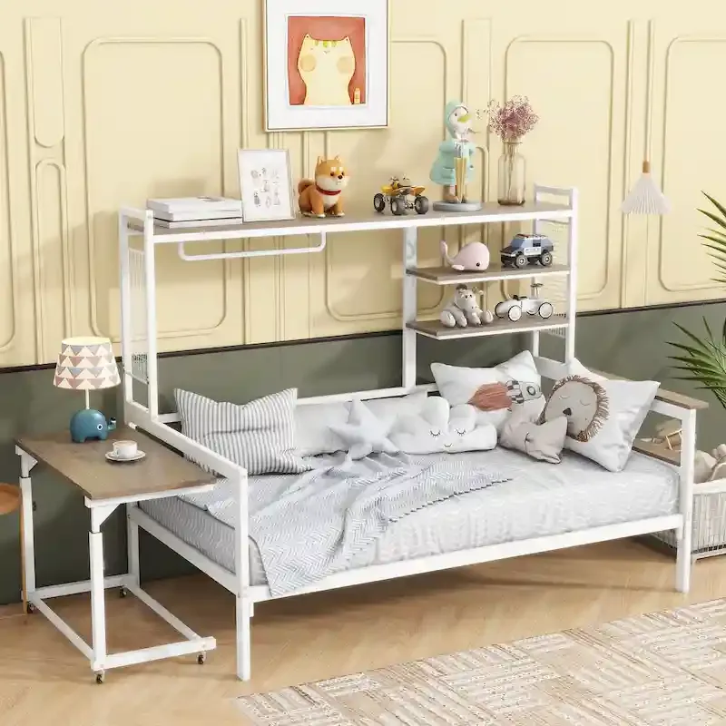 Versatile Daybed with Movable Desk, Metal Sofa Bed Frame with Metal Grid, Shelves and Clothes Hanger, No Box Spring Needed
