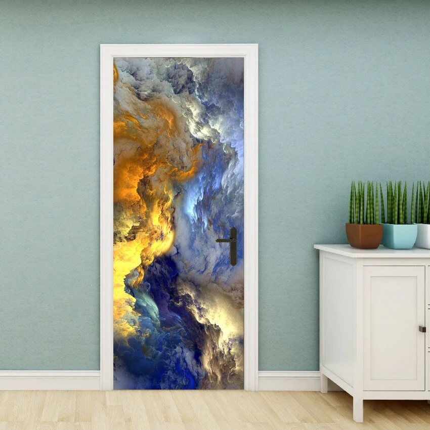 HULIANFU PVC Material Self-adhesive Door Stickers Art Colorful Light Tie-dye Blooming Abstract Home Decor Poster Door Decoration Stickers - Deanwangkt