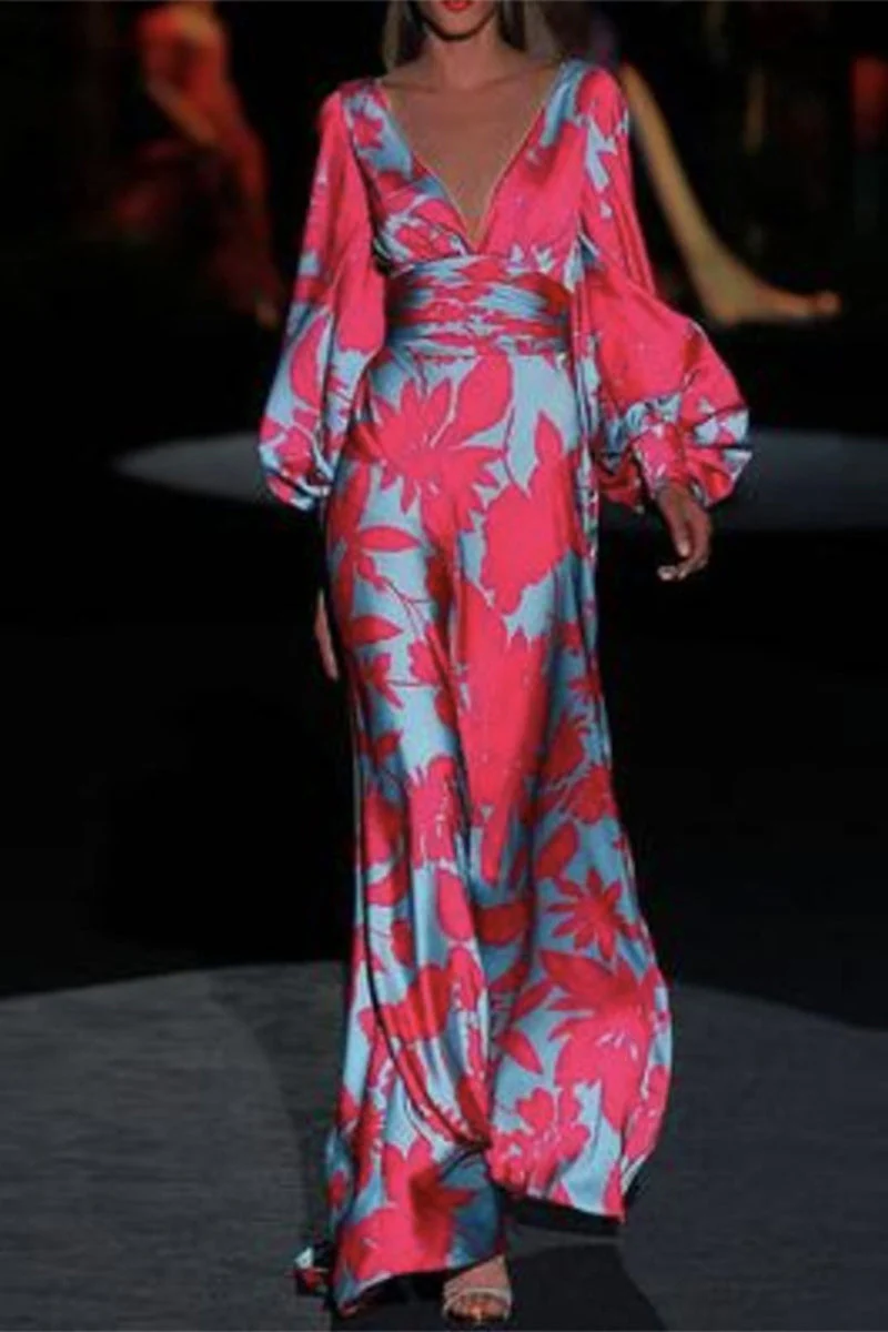 hulianfu Elegant Print Printing V Neck Cake Skirt Dresses(3 Colors) - Deanwangkt