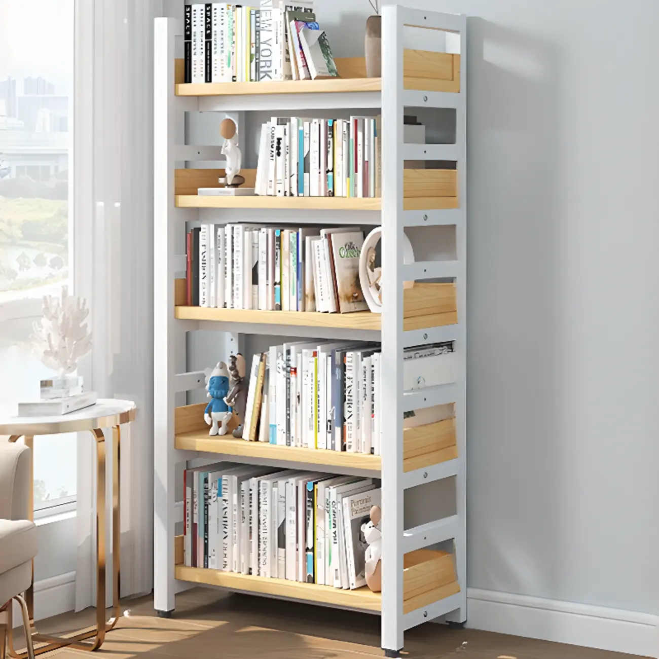 Freestanding Simple Multi-Layer Wood Bookshelf in Steel Frame