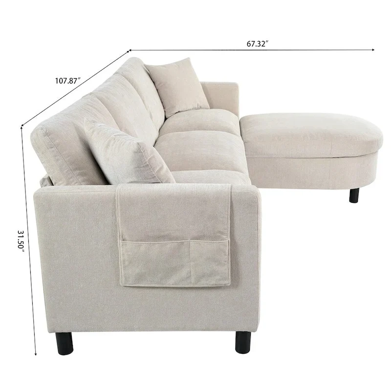 108 Modern Fabric Sectional Sofa with Ottoman and Pillows