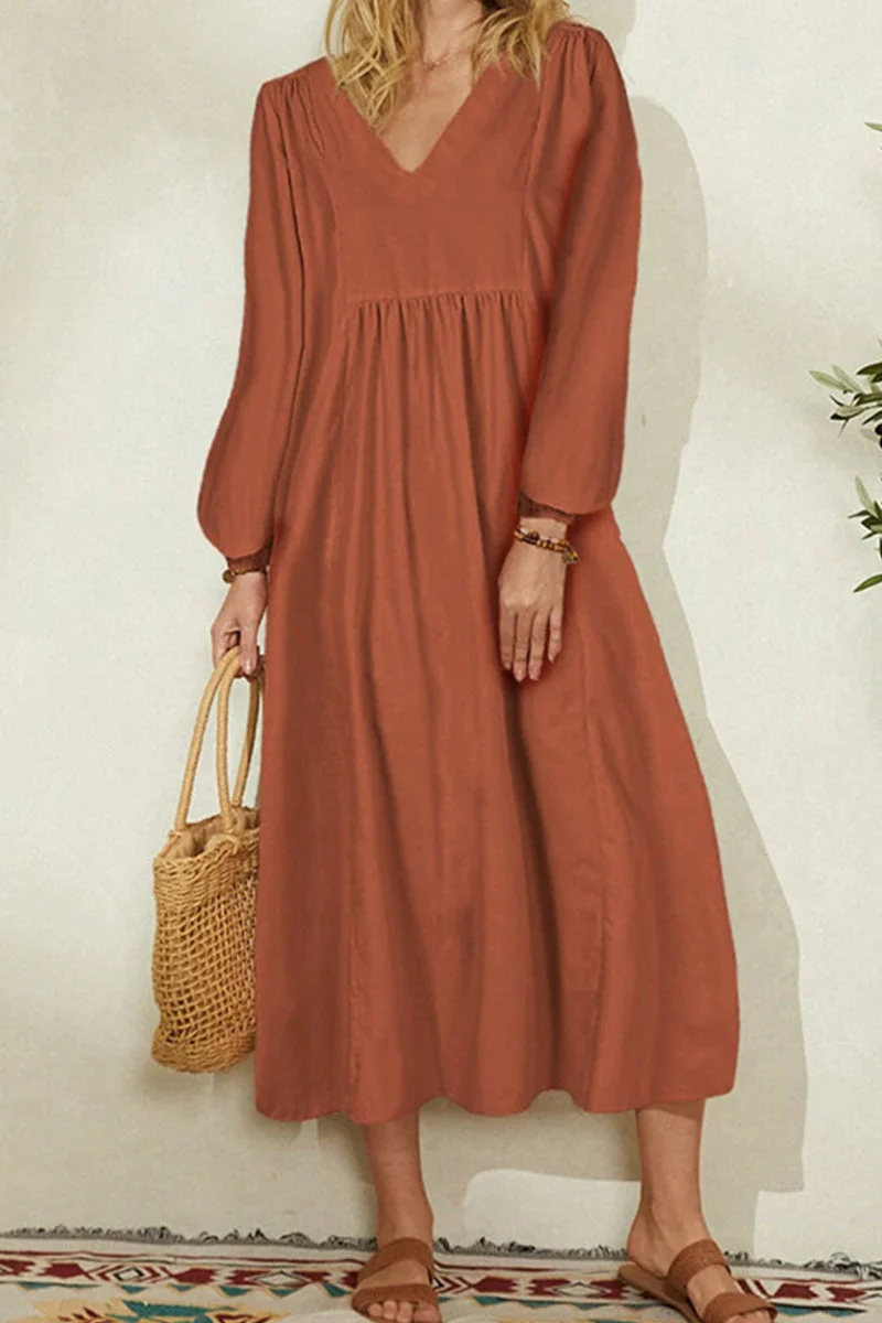 hulianfu Fashion Work Solid Fold V Neck Long Dress Dresses(4 colors) - Deanwangkt