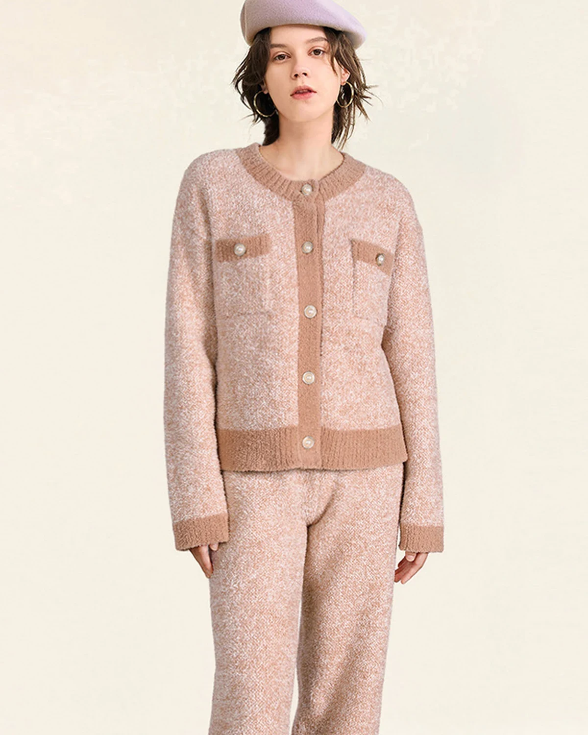 Soft tweed-style fluffy cardigan half-fleece Fall/Winter loungewear set for women, fleece-lined thick warm pajamas that can also be worn outside