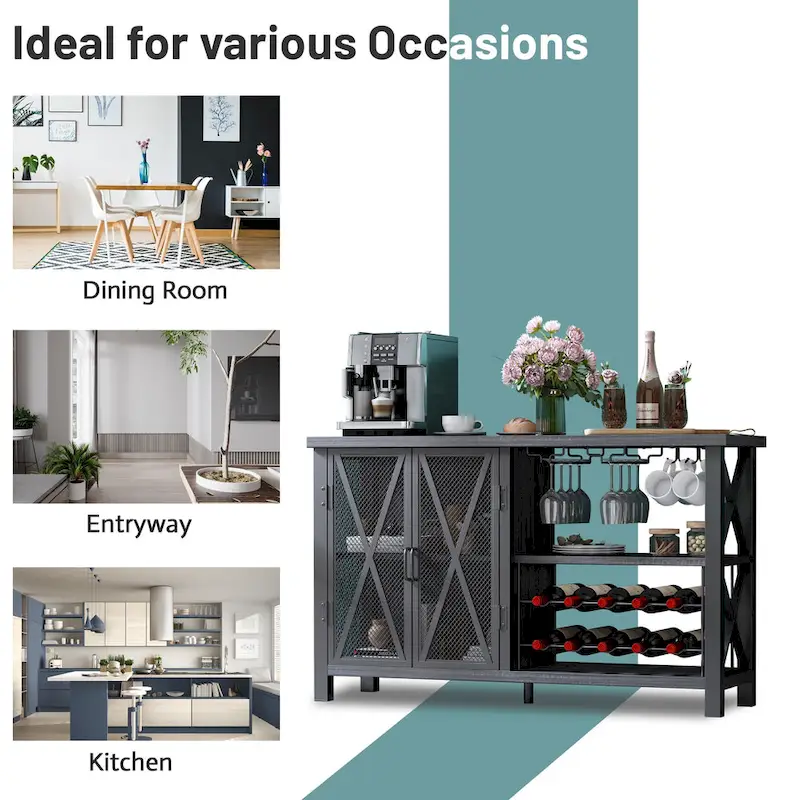 Myhozm Buffet Bar Cabinet with Wine Rack, Modern Buffet/Sideboard Wine Bar Dining Server, Grey/Brown