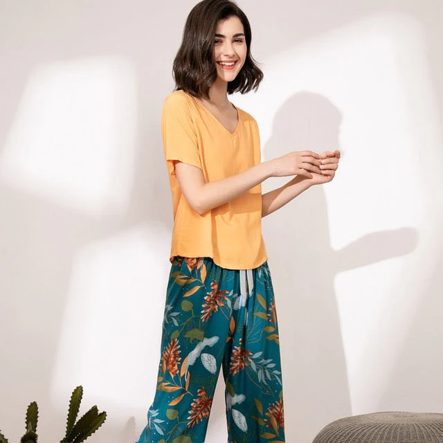 Breathable 2PCS Pajama Short Sleeve Printed Pijama Mujer Femme Loose Nightwear Suit Female Casual Homewear Pajama Set For Women - Deanwangkt
