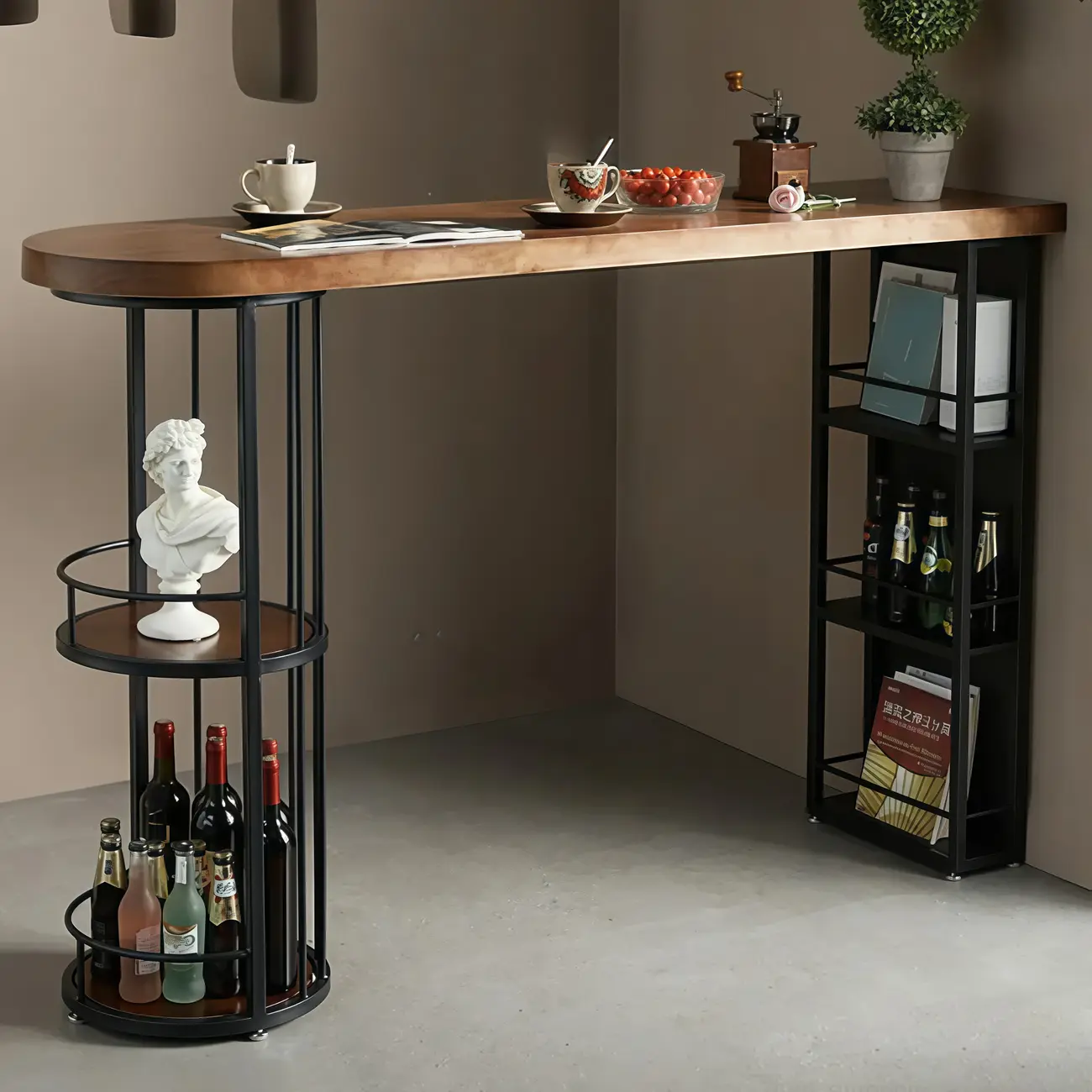 Wooden Narrow Bar Table with Double Storage Shelves