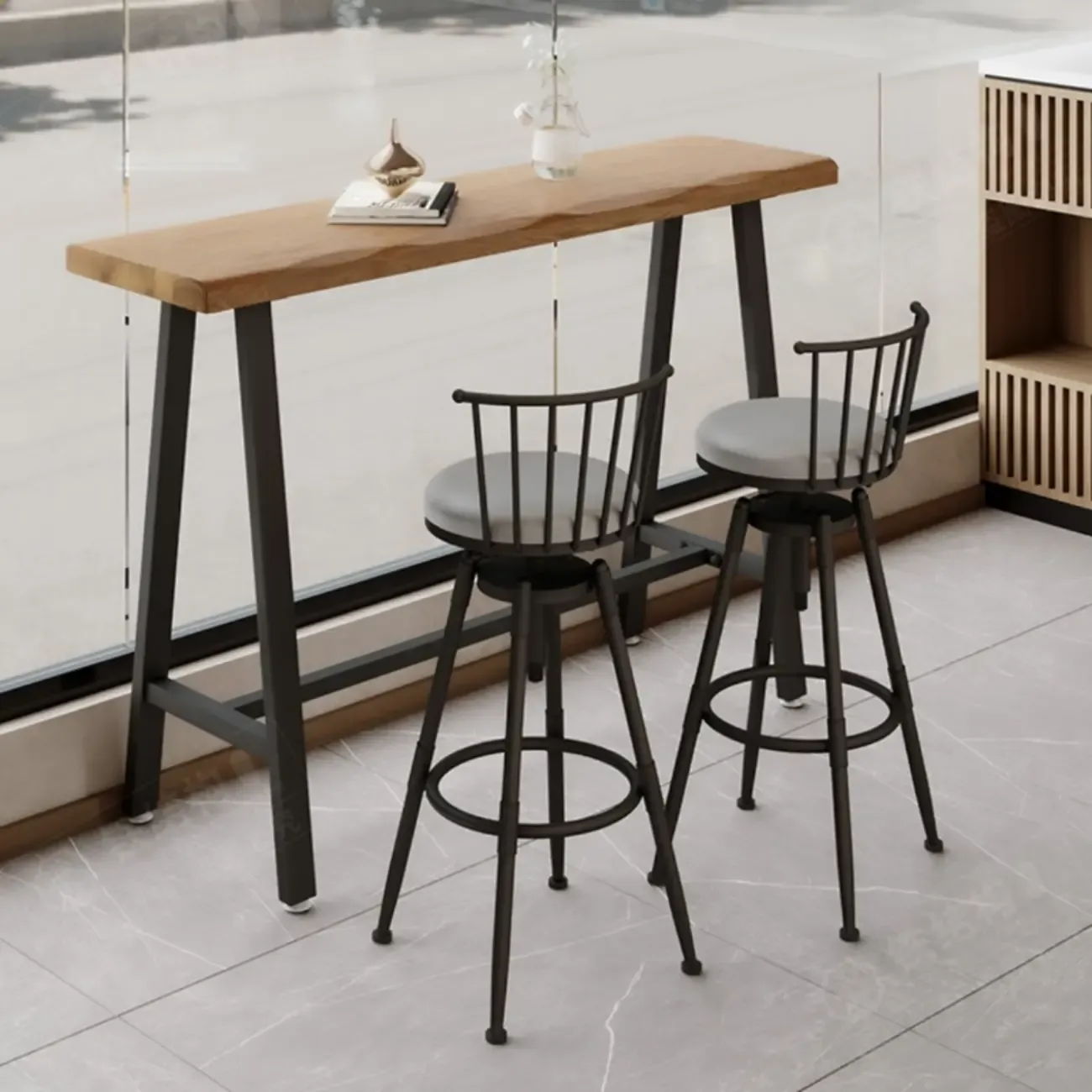 Simple Brown Pine Bar Tables with Footrest