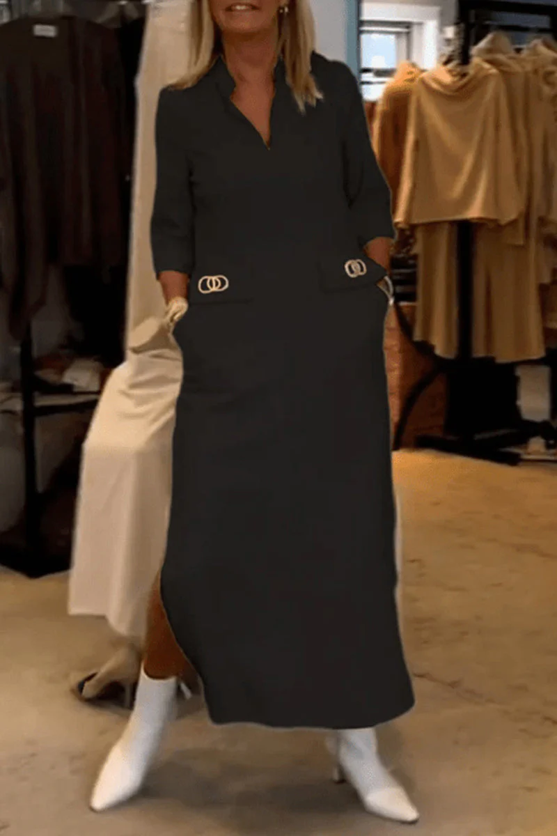 hulianfu Elegant Simplicity Solid Pocket Turndown Collar One Step Skirt Dresses(3 Colors) - Deanwangkt
