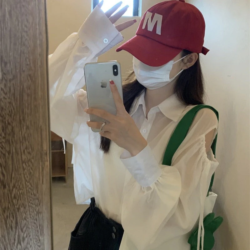 Hulianfu Shirts Women Hole Temperament Sun-proof Ins Vacation Thin Korean Style Sheer Off-shoulder BF Топ Женский Summer Students Beach - Deanwangkt