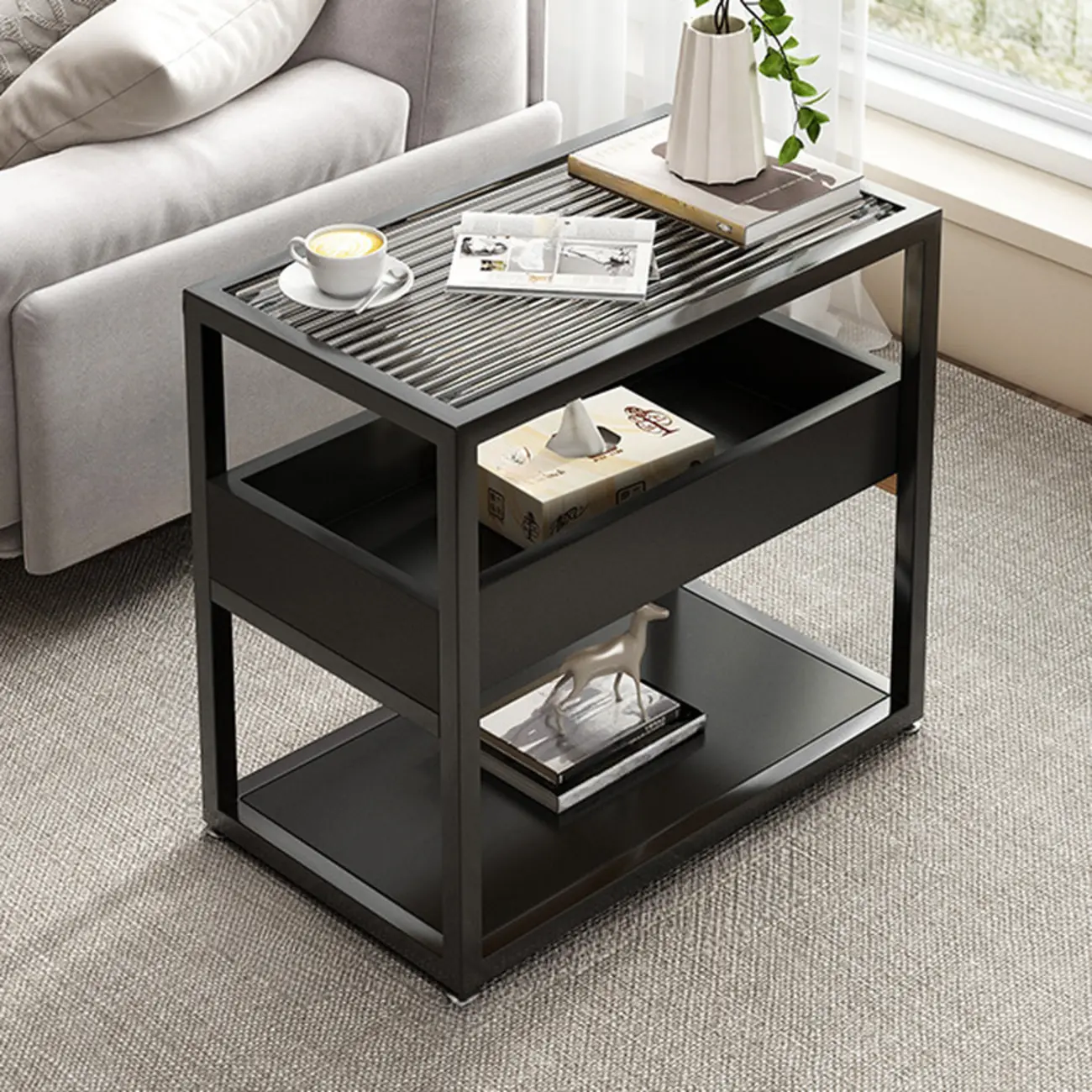 3-Tier Black Metal Frame Glass Top Side Table with Storage