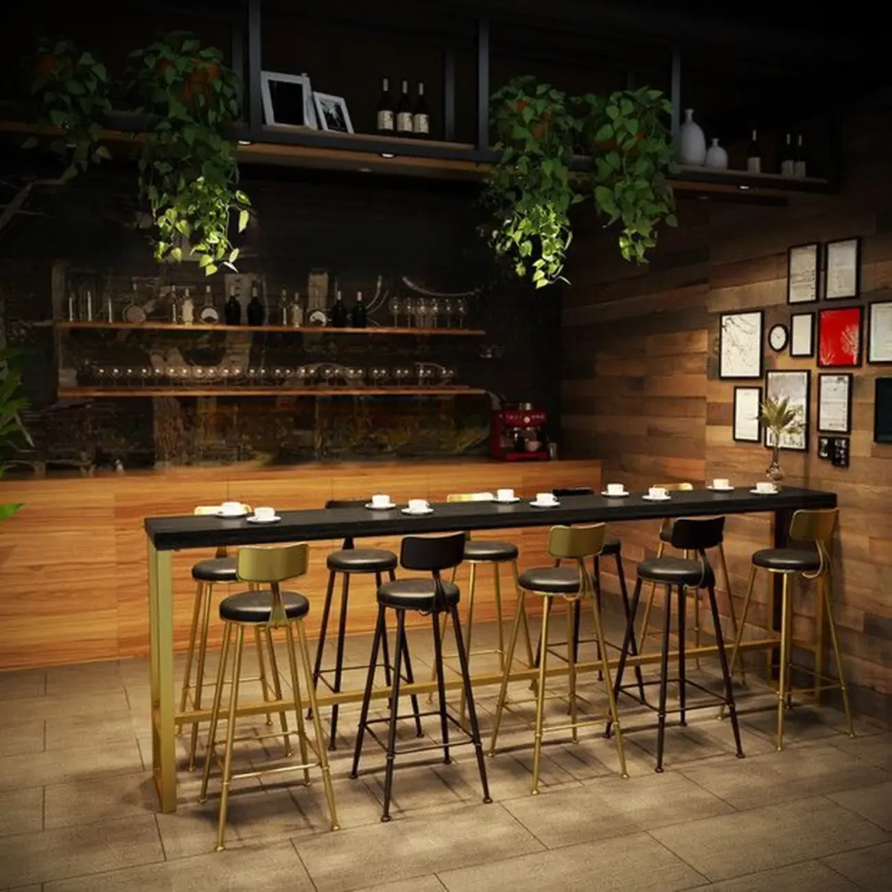 Luxurious Midnight Black Wood Gold Metal Leg Rest Bar Tables