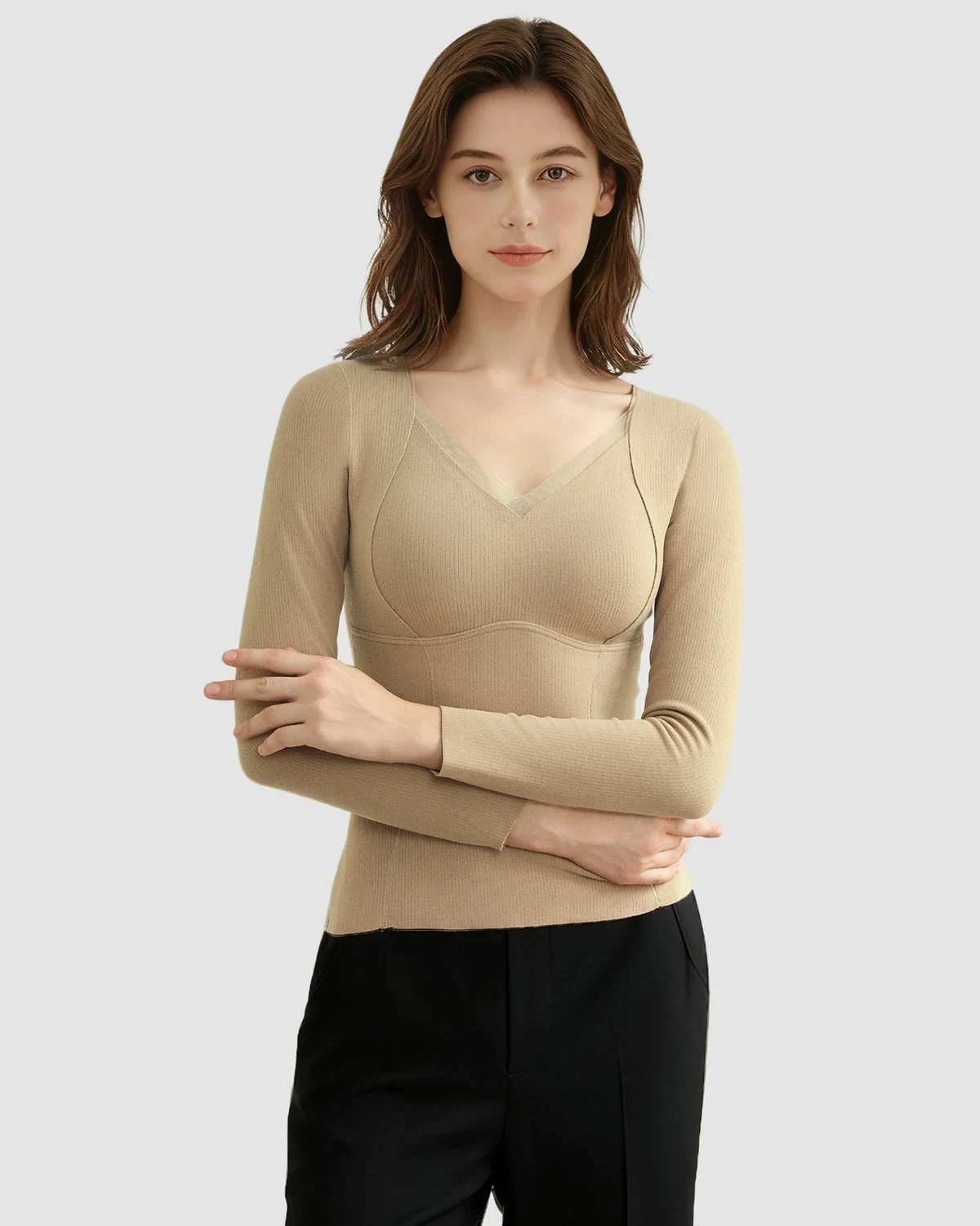 Autumn and winter cashmere silk long-sleeve top base layer, V-neck with chest pads, brushed Free-Cut thermal skin base top for women