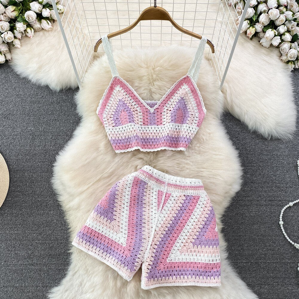 Knitted Crochet Two Piece Set Women Sexy V-Neck Cropped Tank Top and High Waist Shorts Matching Summer  Beach Outfits - Deanwangkt