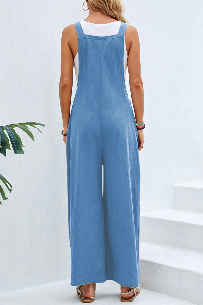 hulianfu Casual Vacation Solid Buttons Square Collar Loose Jumpsuits(10 Colors) - Deanwangkt
