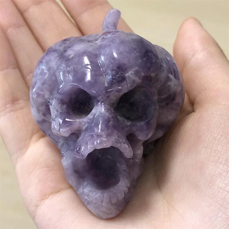 HULIANFU Natural Crystal Quartz Lepidolite Pumpkin Skull Reiki Healing Hand Carved Home Halloween Decoration Gift 1pcs - Deanwangkt