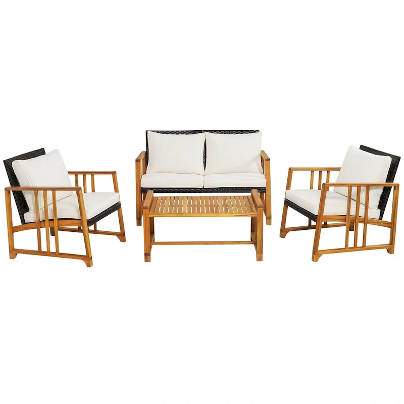 Costway 4PCS Patio Mix Brown Wicker Sofa Set Acacia Wood Frame with - See Details