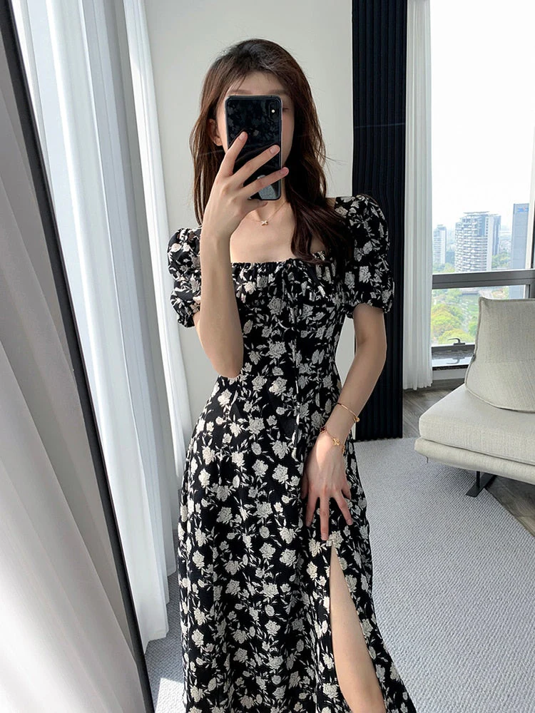 Hulianfu Vintage French Sexy Bodycon Black Floral Square Collar Office Lady Midi Chiffon Dress Women Party Elegant Clothes Summer - Deanwangkt