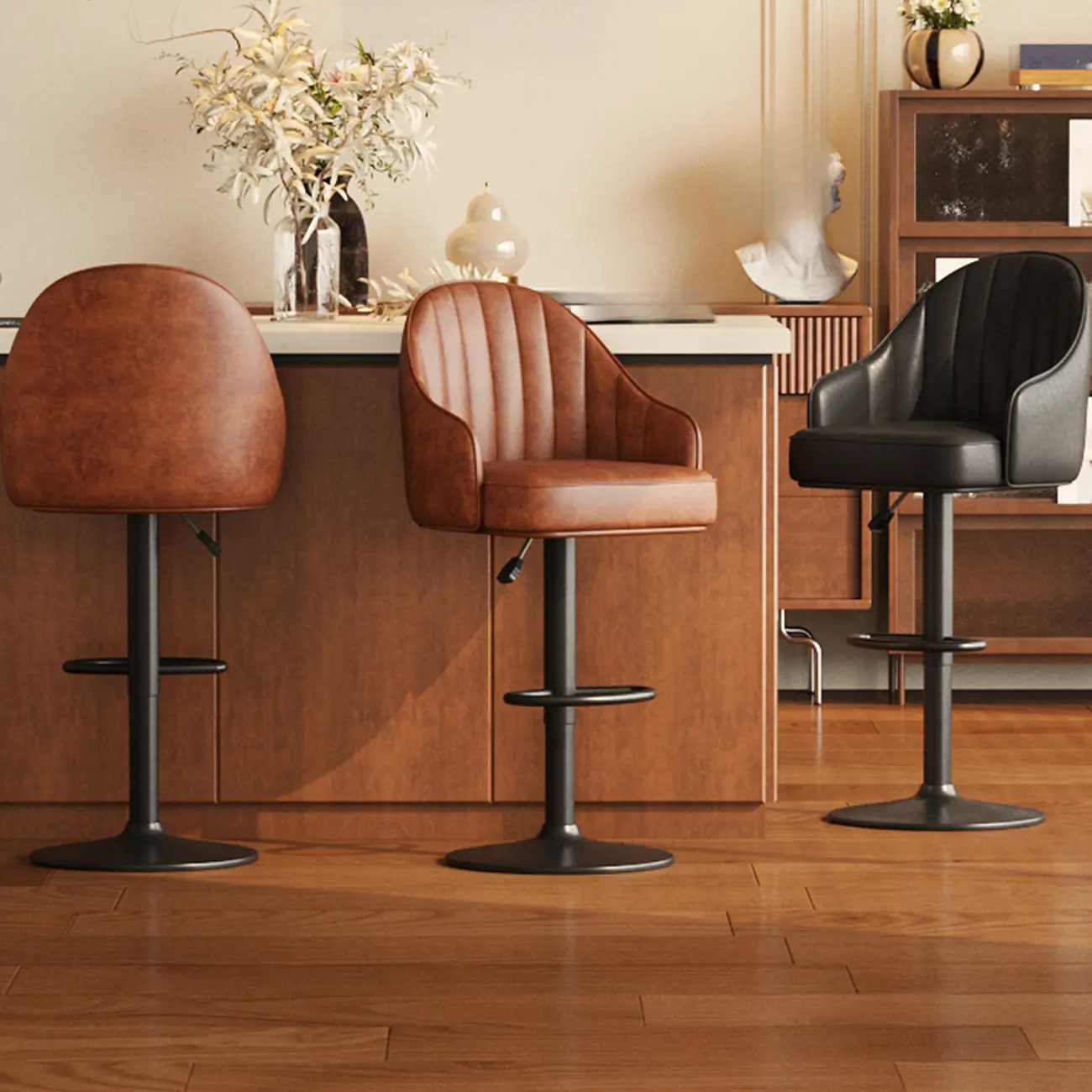 Mid-Century Modern Leather Bar Stool Swivel Adjustable Height