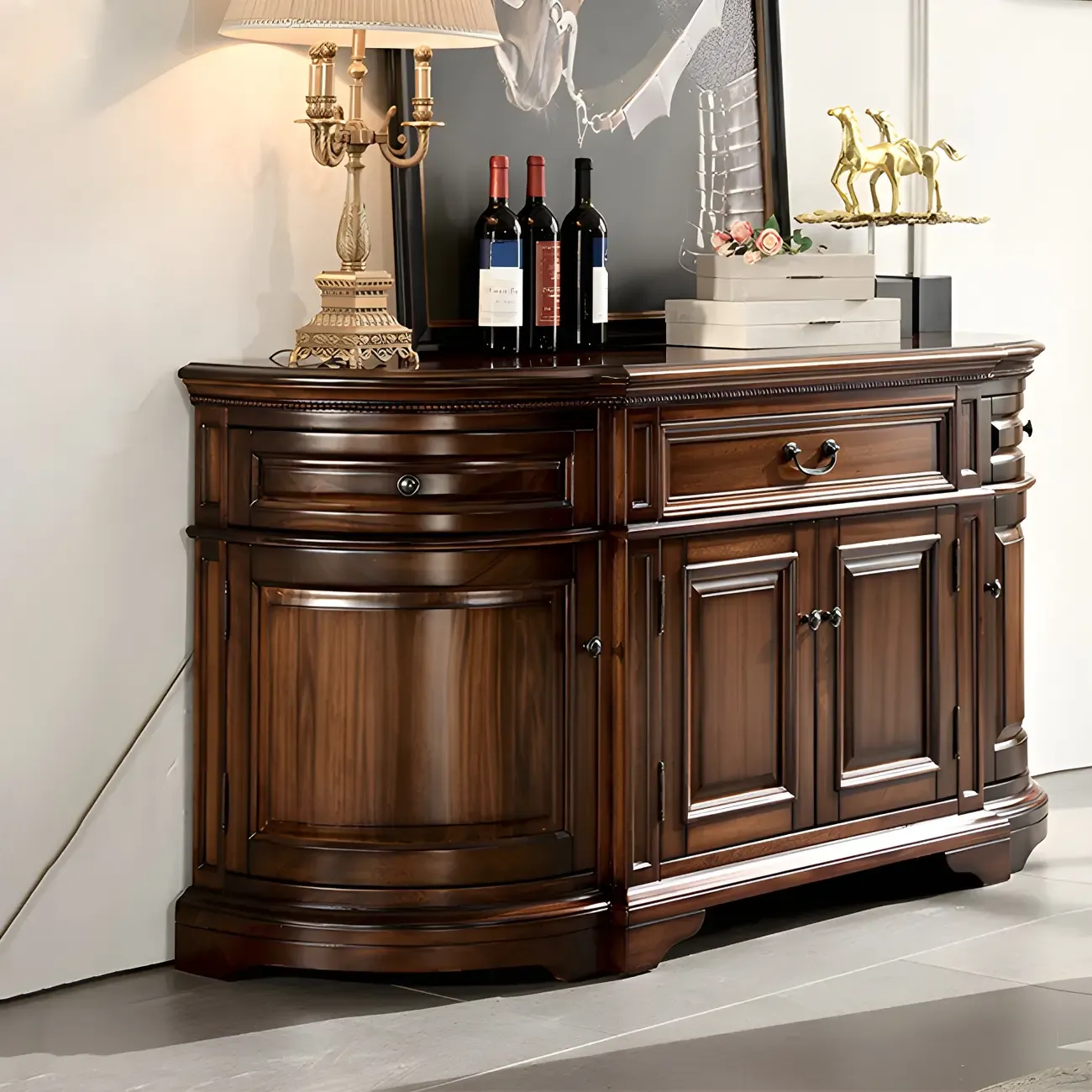 Traditional Brown Wooden Sideboard with Drawers and Cabinets
