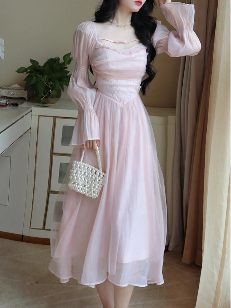 Hulianfu Elegant Evening Party Midi Dress Women Bubble Sleeve French Vintage Sweet Dress Female Pink Korean Style Fairy Dress Autumn - Deanwangkt