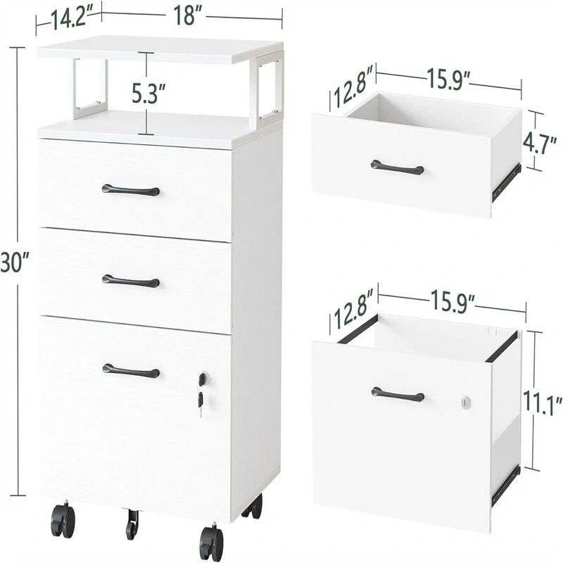 3-Drawer Rolling Filing Cabinet - 6.3D x 30.12W x 21.65H