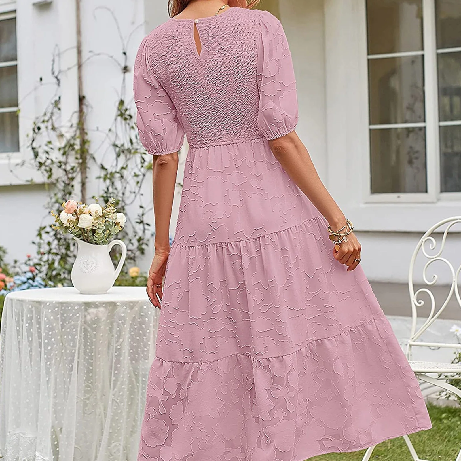 New Summer Women Fashion Puff Sleeve O-Neck Long Dress Casual Solid Printed Button Dress Female Slim Big Hem Office Dresses - Deanwangkt