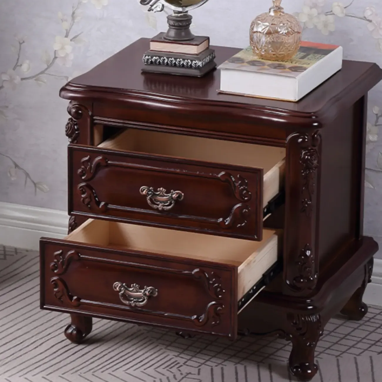 Traditional Carved Wood 2-Drawer Nightstand