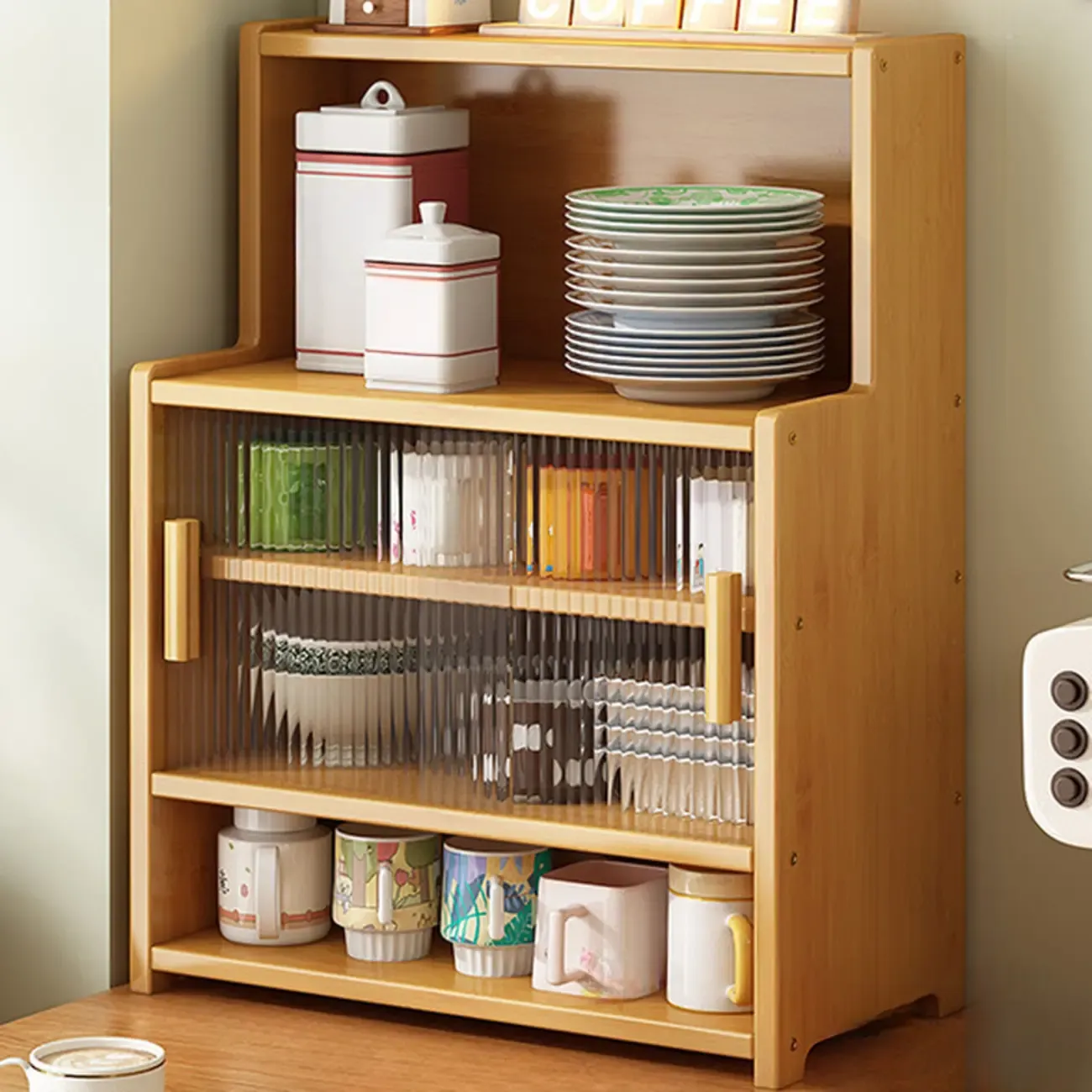 Modern Bamboo Narrow Buffet with Wood Countertop