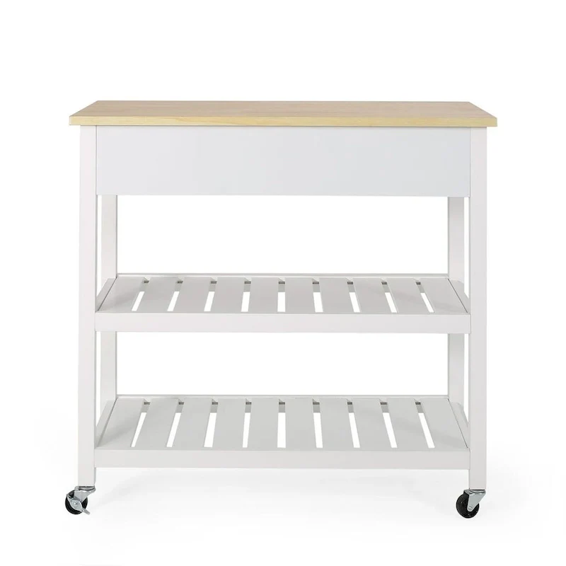 Modern White Wood Kitchen Cart with Wheels Drawers and Shelves by