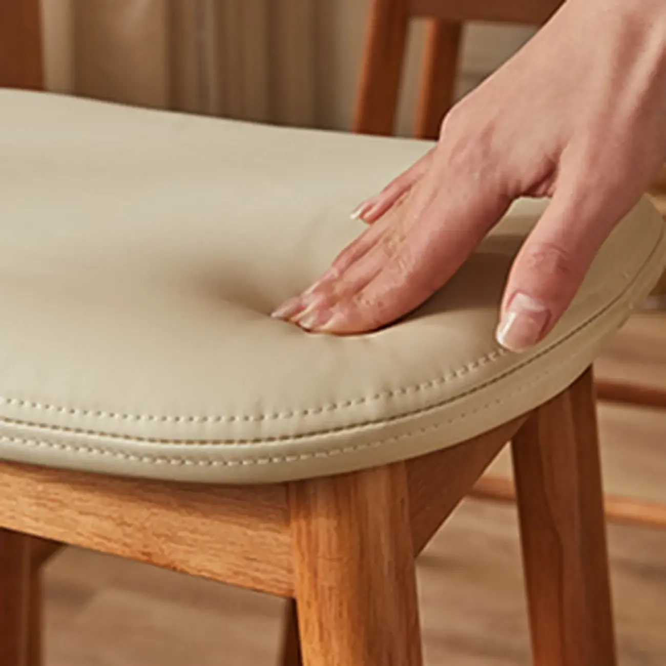 Brown Saddle Leather Seat Wooden Backless Bar Stools