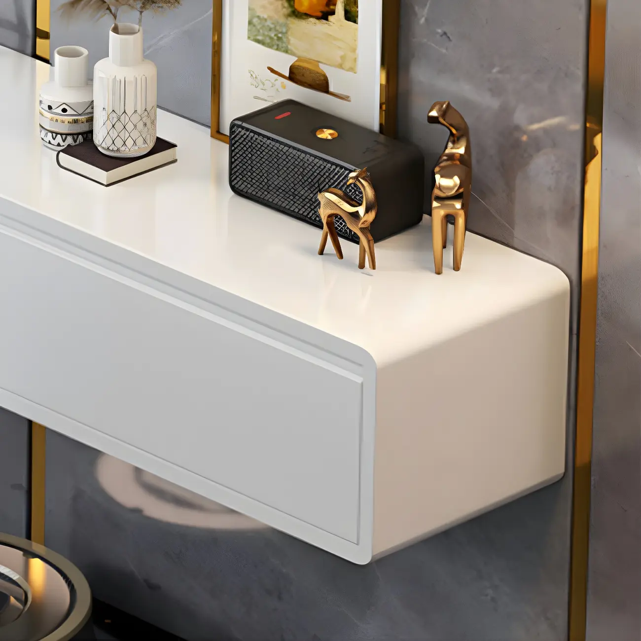 White Floating Mount Wood Drawers Cabinet TV Stand