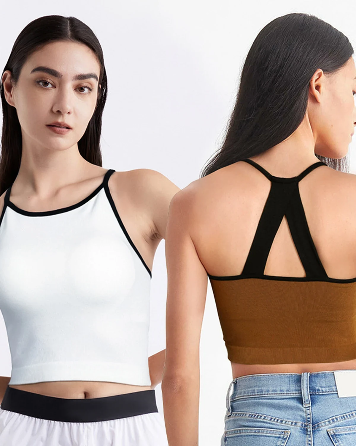 Seamless four-way stretch integrated-cup sexy color-block sports camisole for women, yoga fitness running open-back tank top