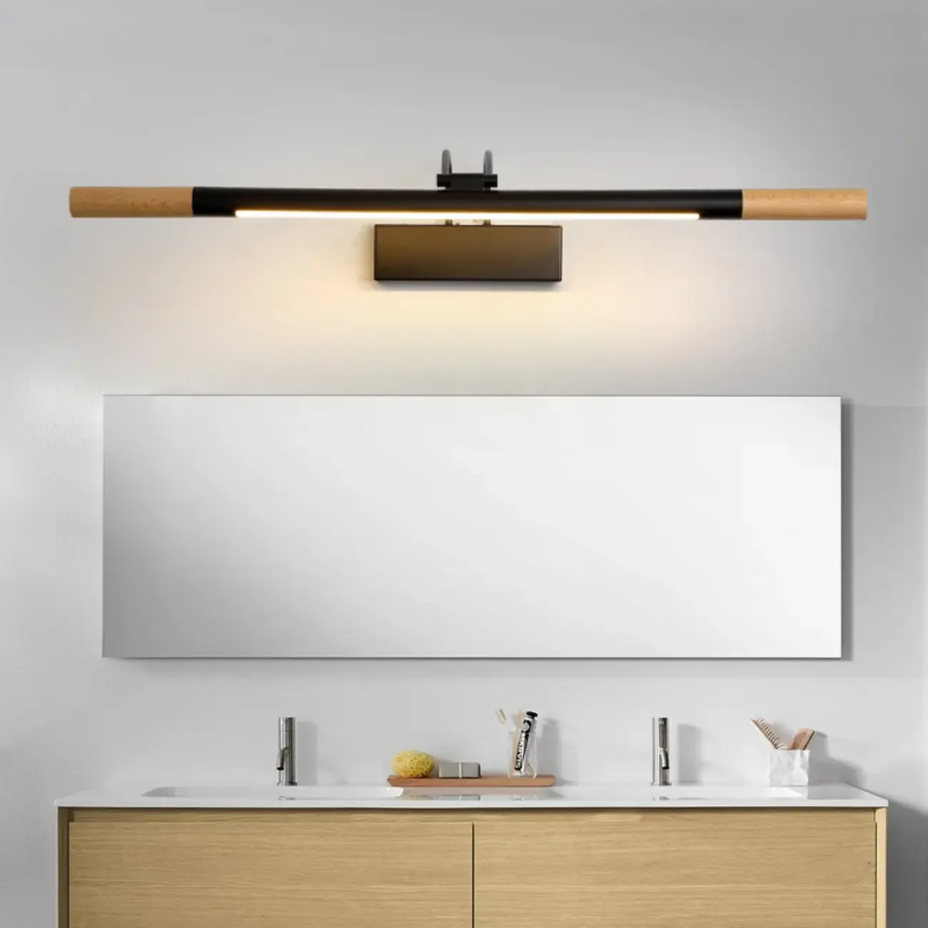 Modern White LED Bathroom Vanity Light with Wood Accent
