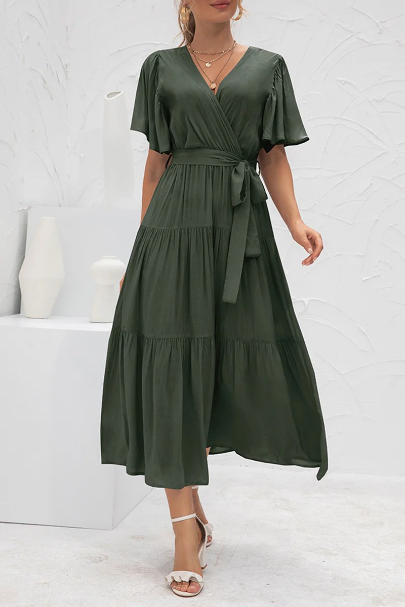 hulianfu Elegant Solid Patchwork With Belt V Neck Cake Skirt Dresses - Deanwangkt