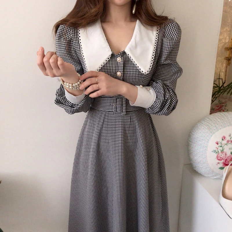 Hulianfu Vintage Lace Plaid Chic Puff Sleeve Woman Dresses Women Korean Temperament Office Lady Lapel Robe Slim Waist Long Sleeve Dress - Deanwangkt