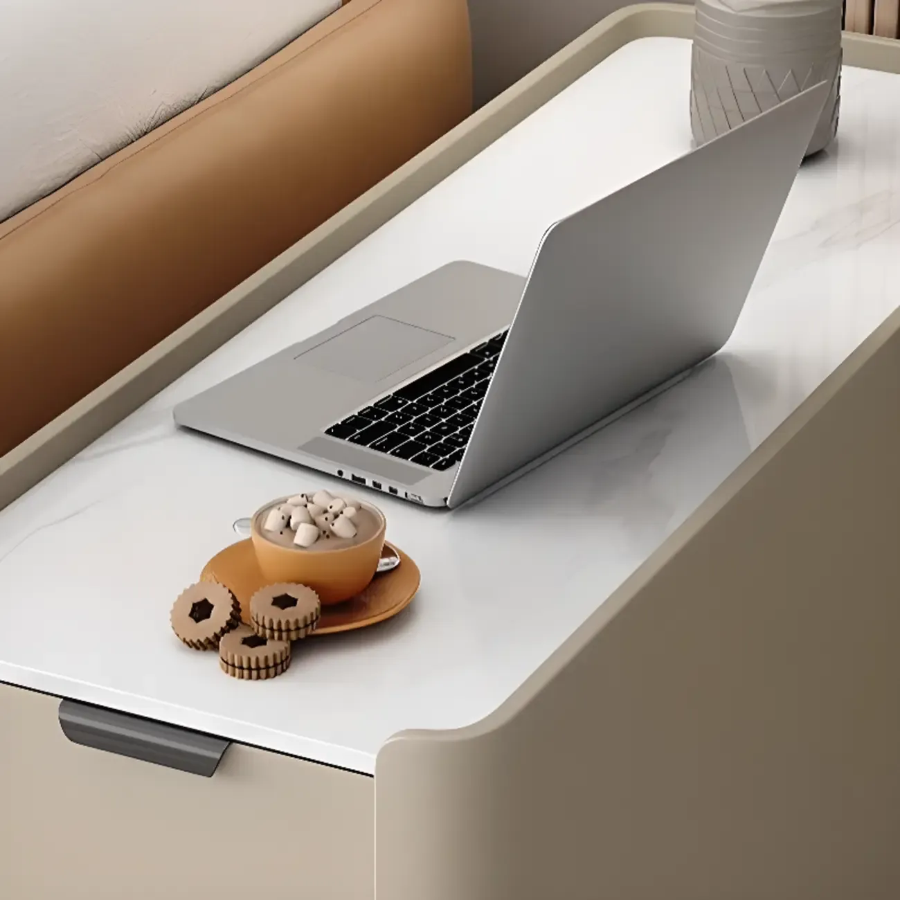 Compact Khaki Stone Top 2-Drawer Wood Block Side Table