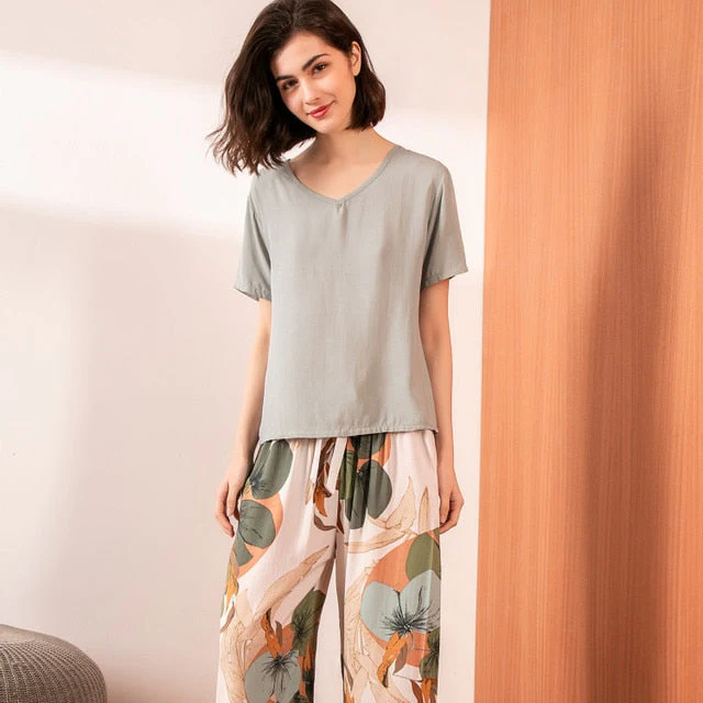 Breathable 2PCS Pajama Short Sleeve Printed Pijama Mujer Femme Loose Nightwear Suit Female Casual Homewear Pajama Set For Women - Deanwangkt
