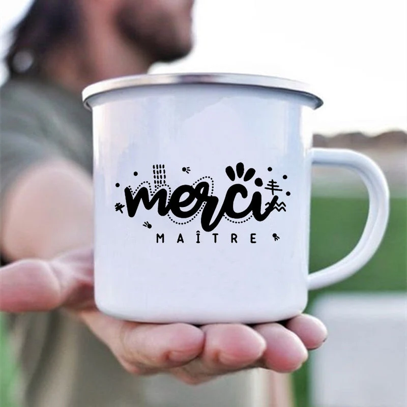 HULIANFU Merci Maître Print Mugs Creative Coffee Cups Drinks Water Milk Tea Cup Enamel Mug School Home Handle Drinkware Best Teacher Gift - Deanwangkt