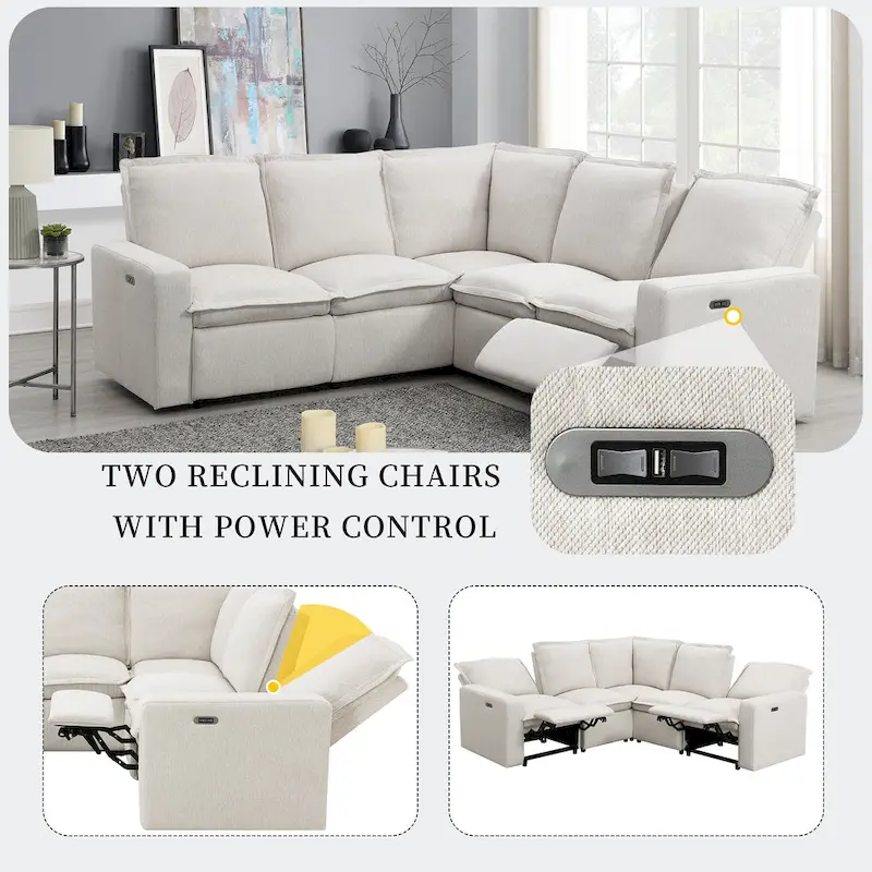 Linen L-Shaped Sectional Sofa with Power Recliners & USB