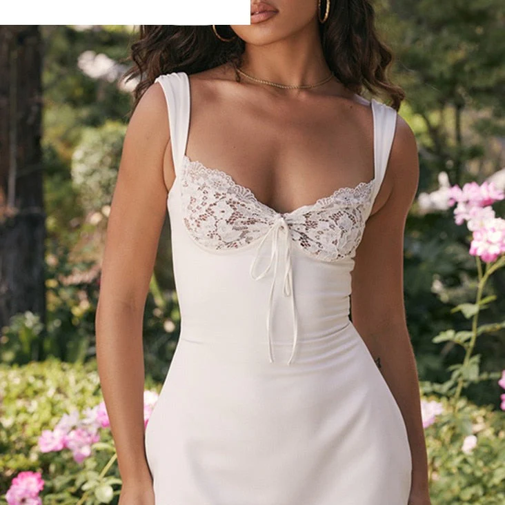 Hulianfu Spring Summer New Sexy Casual Lace Stitching Wavy Collar Halter Straps Bag Hip A-Line Short Mini Dress Women - Deanwangkt