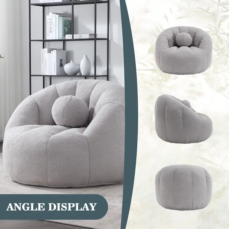 HOMEFUN Boucle Upholstered Round Lazy Cozy Bean Bag Chair With a Pillow