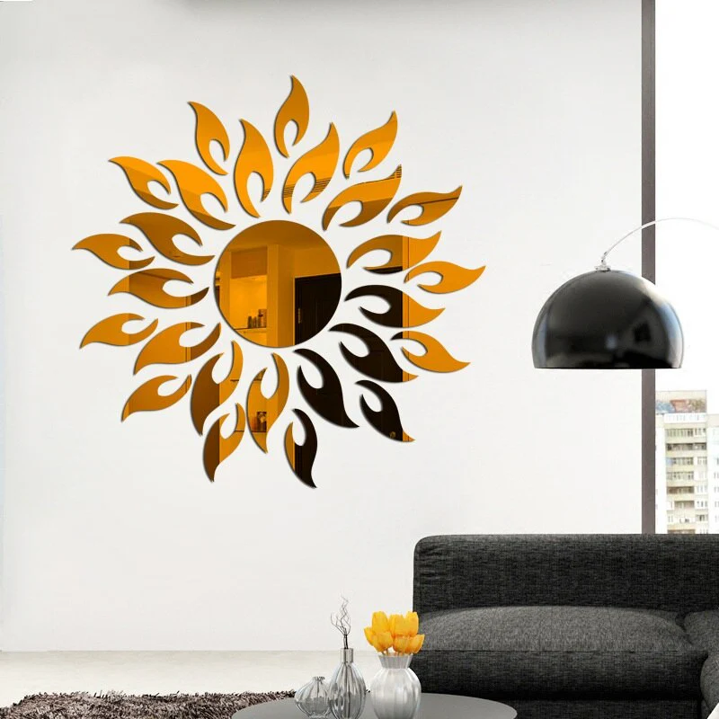 HULIANFU Sun Mirror Wall Sticker DIY Sun Flower Self Adhesive 3D Wall Decal Removable Mural Wallpaper for TV Background Art Home Decor - Deanwangkt