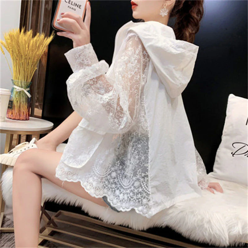 Hulianfu Basic Jackets Women Lace Hollow Out Elegant Sun-proof Summer Vacation Simple All-match Mujer Loose Leisure Thin Korean Fashion - Deanwangkt