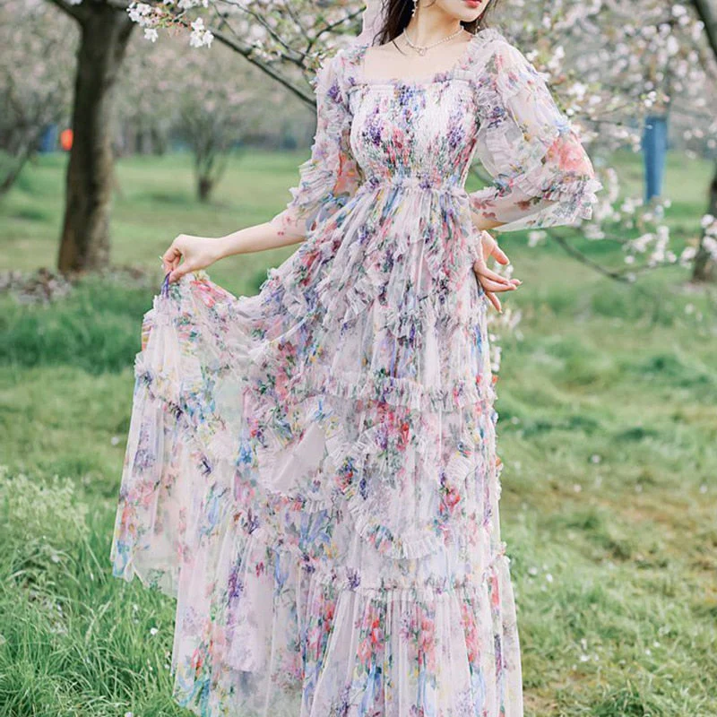 New French Floral Pink Square Collar Slim Fairy Dress Aestethic Summer Party Beach Dress Elegant Long Dresses Woman Clothes - Deanwangkt