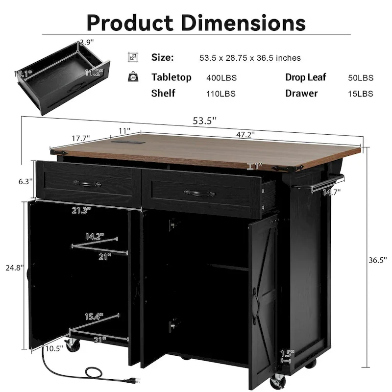 53.5Farmhouse Kitchen Island with Power Outlet