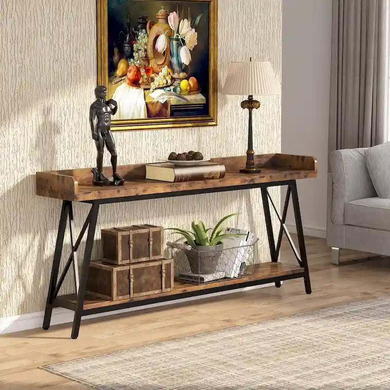 70.9 inch Long Entryway Table, Narrow Sofa Console Table Behind Couch Brown