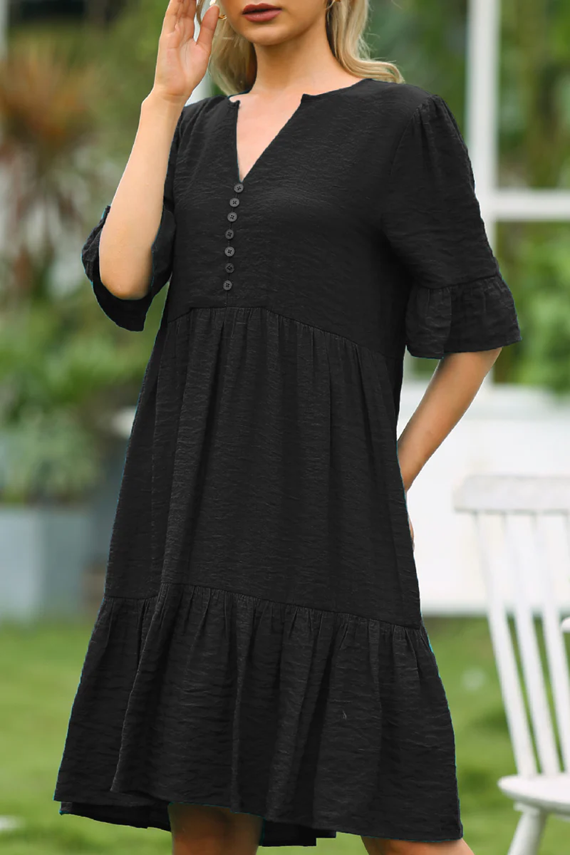hulianfu Elegant Solid Buckle Flounce V Neck Dresses - Deanwangkt