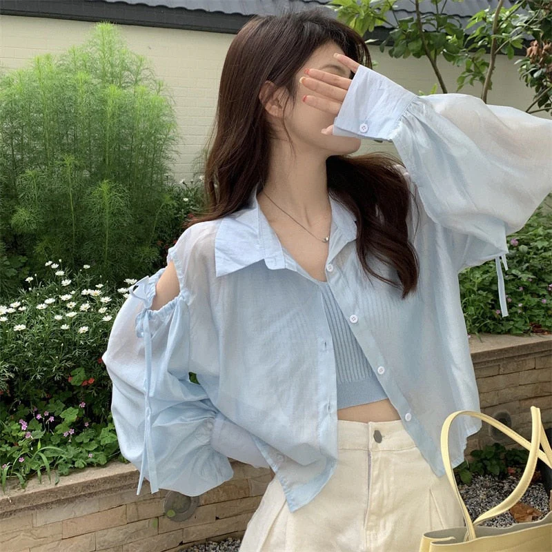 Hulianfu Shirts Women Hole Temperament Sun-proof Ins Vacation Thin Korean Style Sheer Off-shoulder BF Топ Женский Summer Students Beach - Deanwangkt