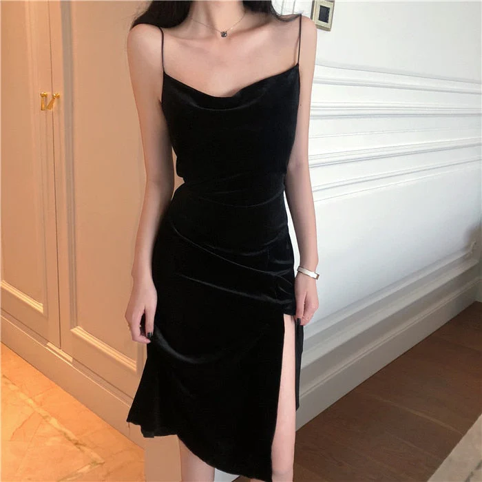 Hulianfu New Vintage Women Dress Spaghetti Strap Slit Velvet Black Dress Sexy Bodycon Bandage Dress Midi Party Dress Verano Vestidos - Deanwangkt