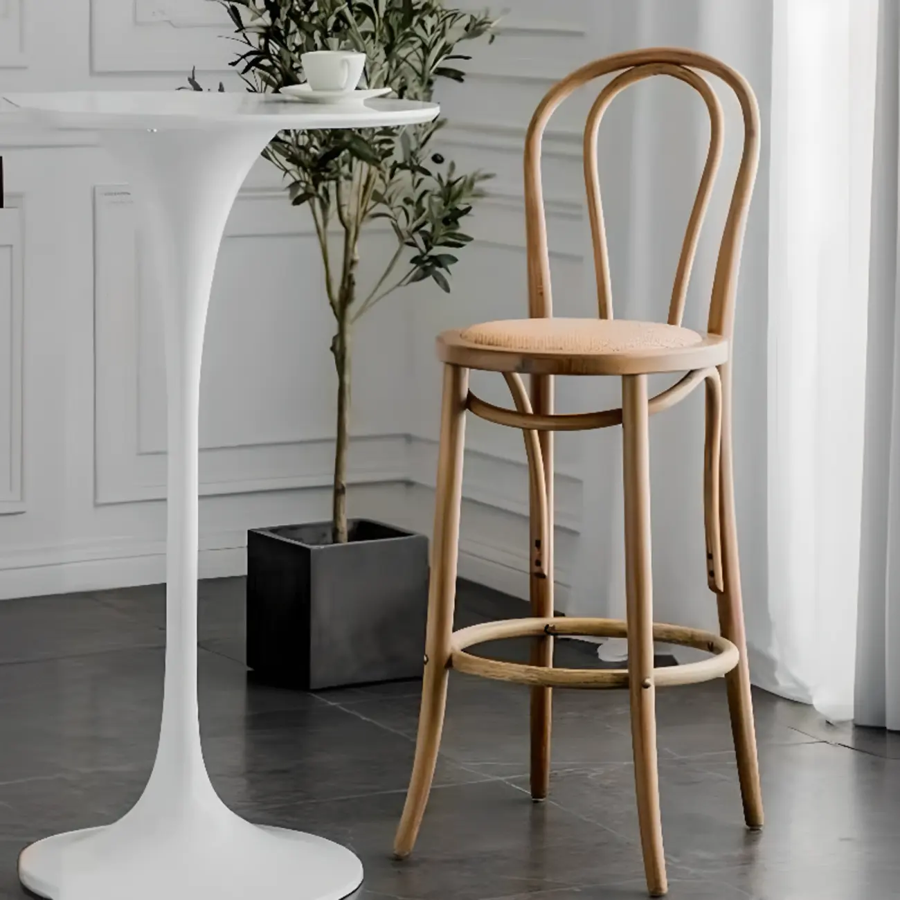 Walnut Beech Wood Leather Seat Bar Stools with Back